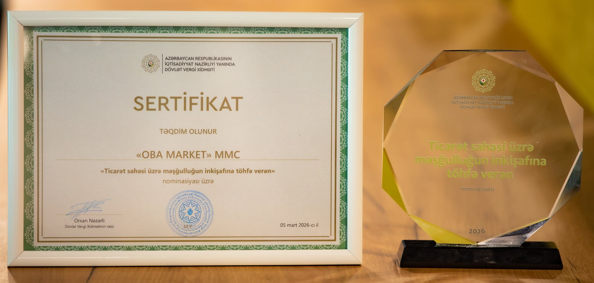 Dövlət Vergi Xidməti “OBA”nı məşğulluğa töhfəyə görə təltif etdi
