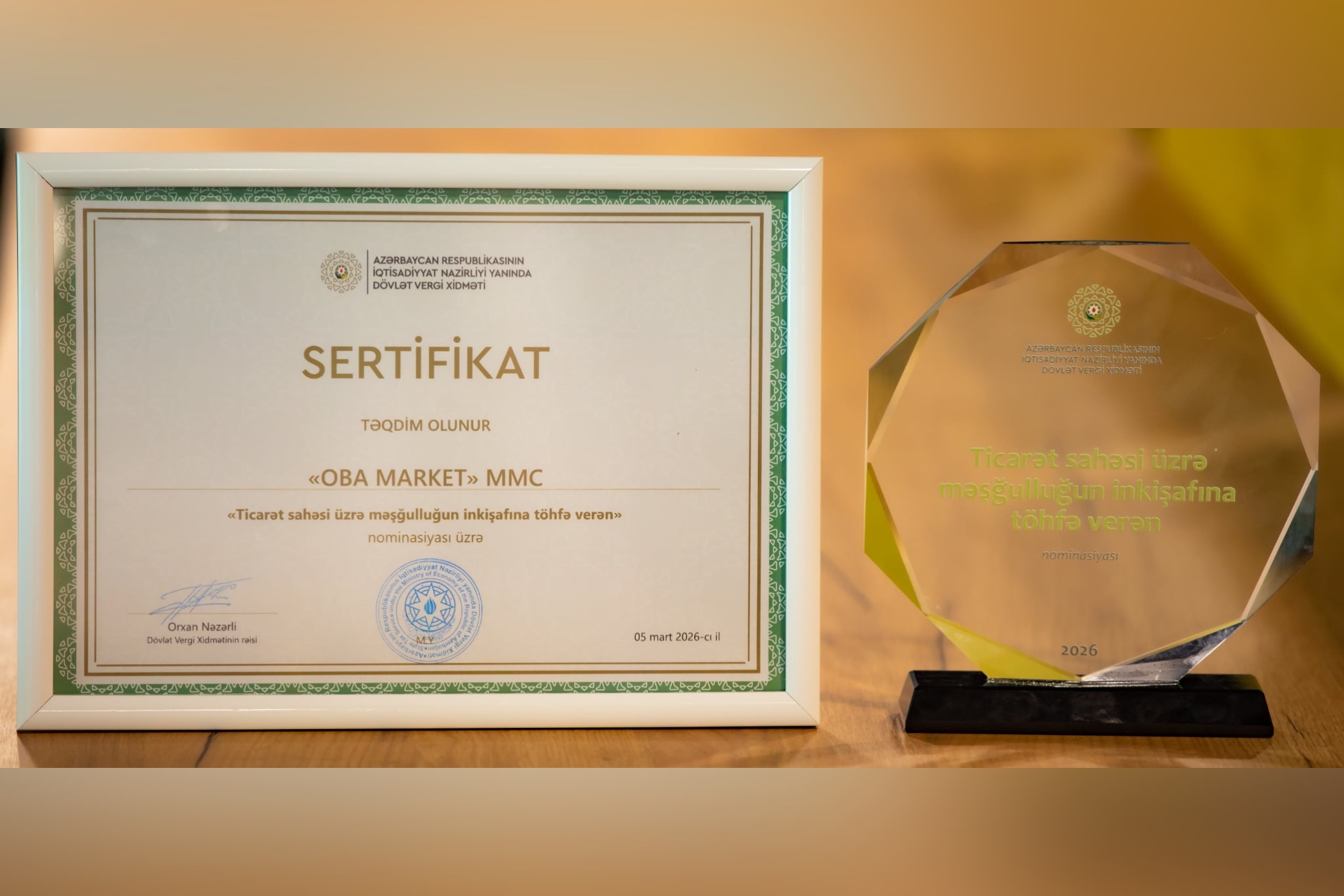 Dövlət Vergi Xidməti “OBA”nı məşğulluğa töhfəyə görə təltif etdi