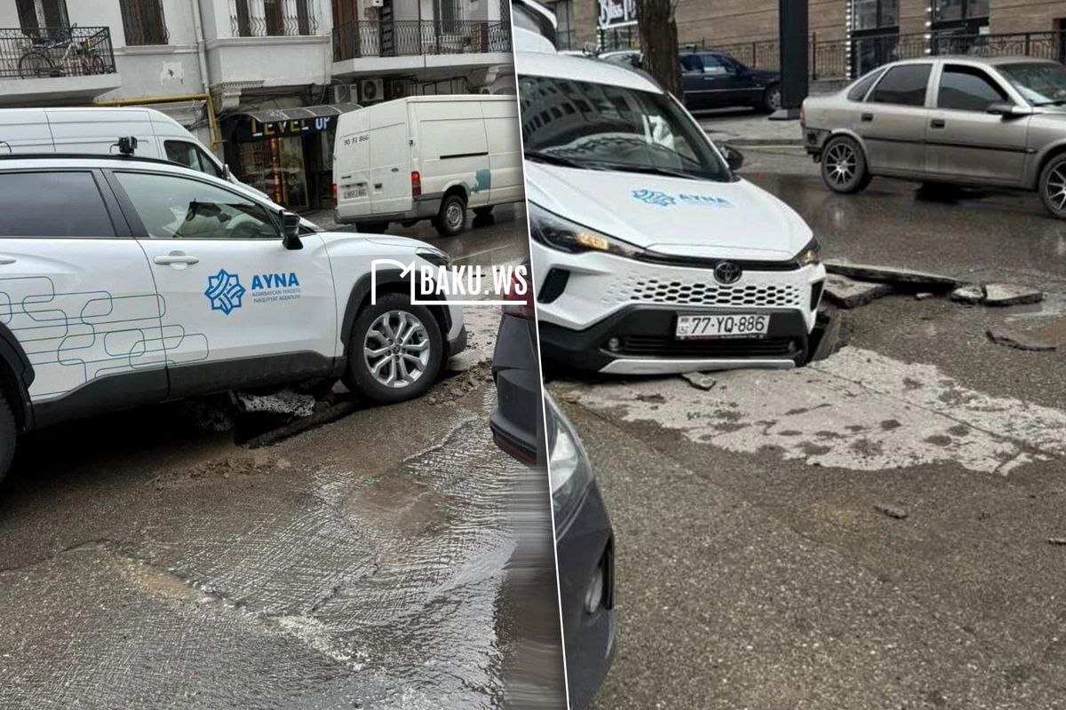 Bakıda asfalt çöküb, AYNA-nın avtomobili çuxura düşüb - FOTO