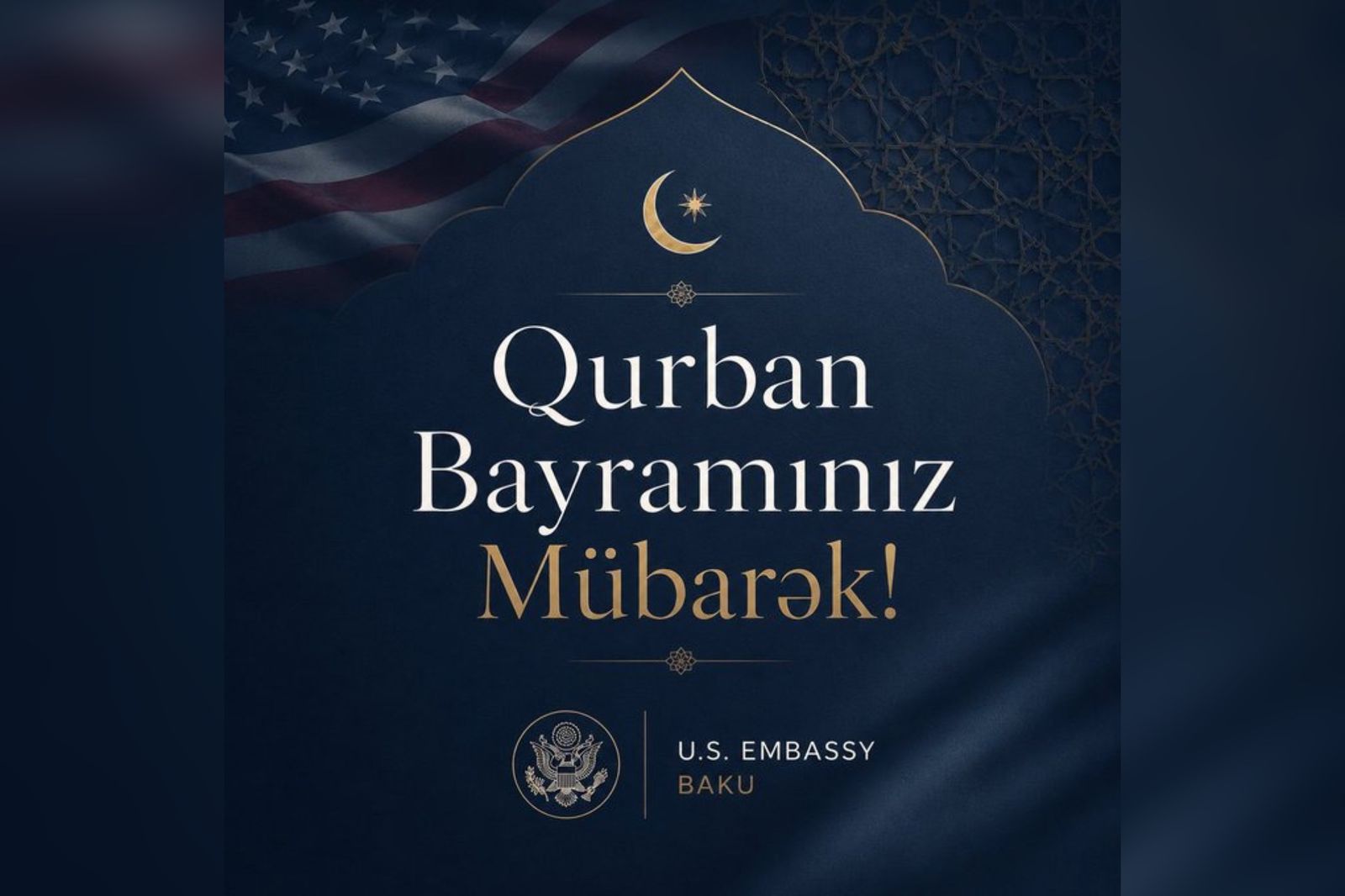 ABŞ səfirliyi Azərbaycan xalqını Qurban bayramı münasibətilə təbrik edib